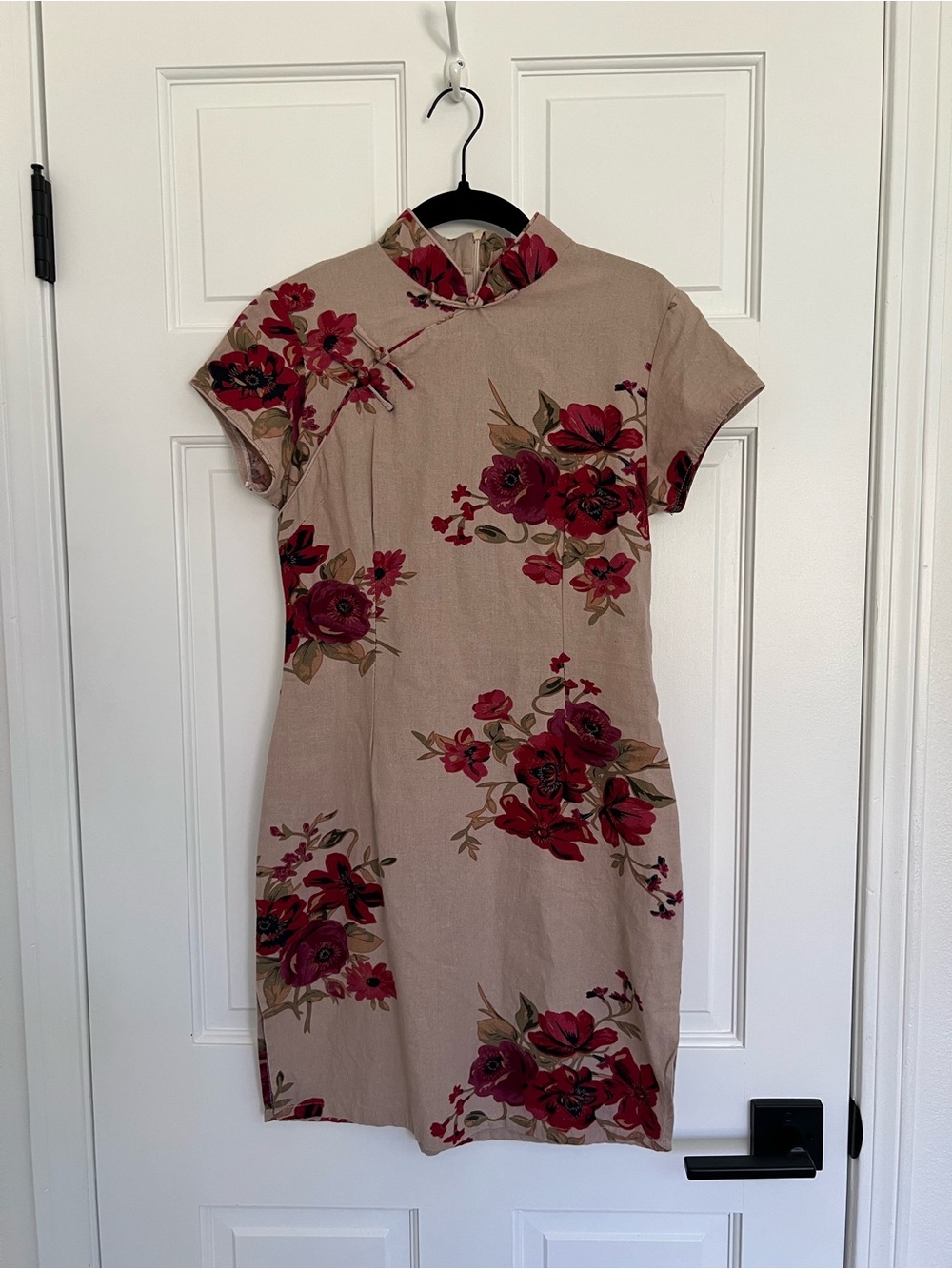 Mandarin inspired Beige Mini Dress with Red Floral Print